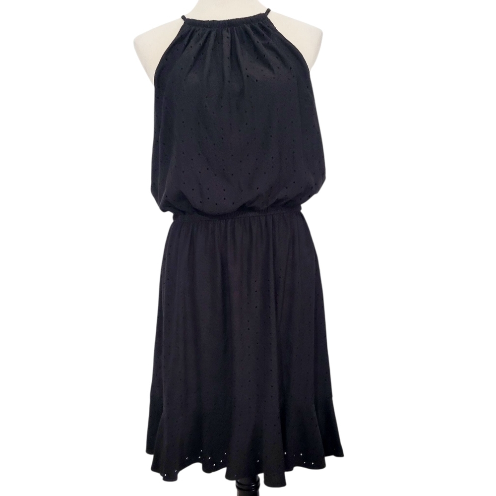 London Times Women's Black Eyelet Halter Dress Size 10 Lined Keyhole Back - Picture 2 of 11